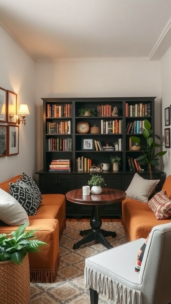A cozy nook featuring orange sofas, a round table, a bookshelf filled with books, and soft lighting.