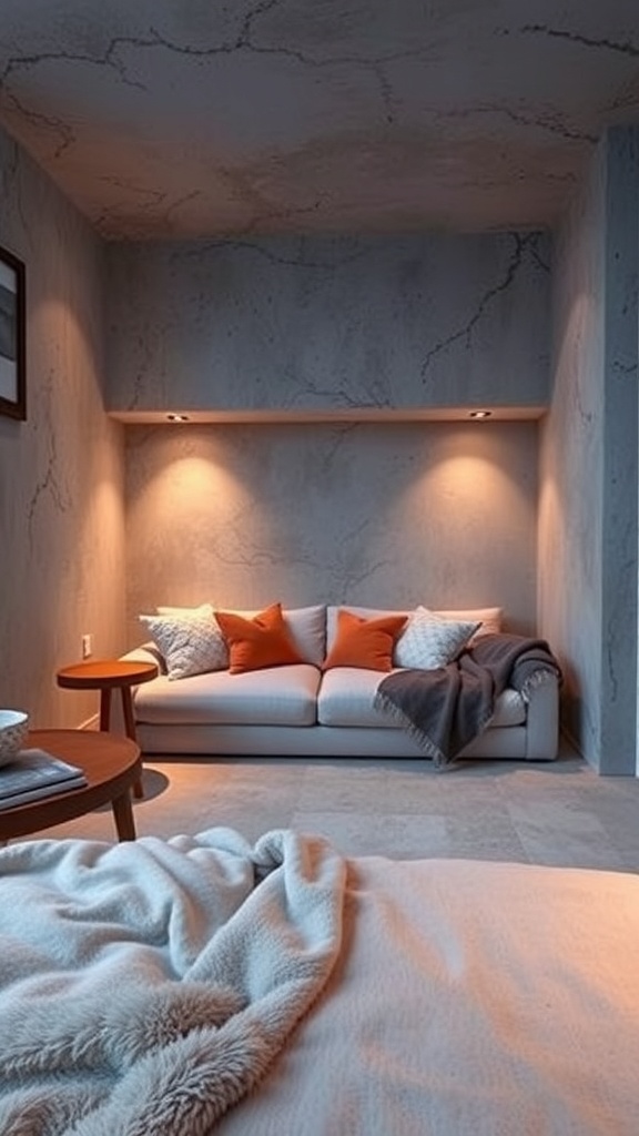 Cozy nook featuring a light gray couch with orange and patterned pillows, warm lighting, and a wooden side table.