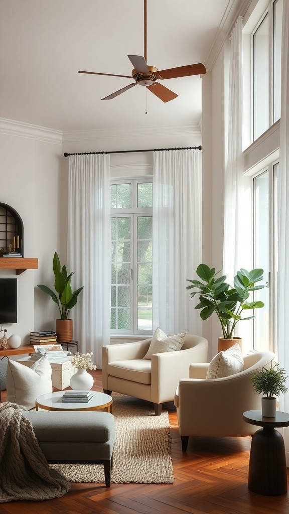A cozy living room nook with light curtains, plants, and comfortable seating