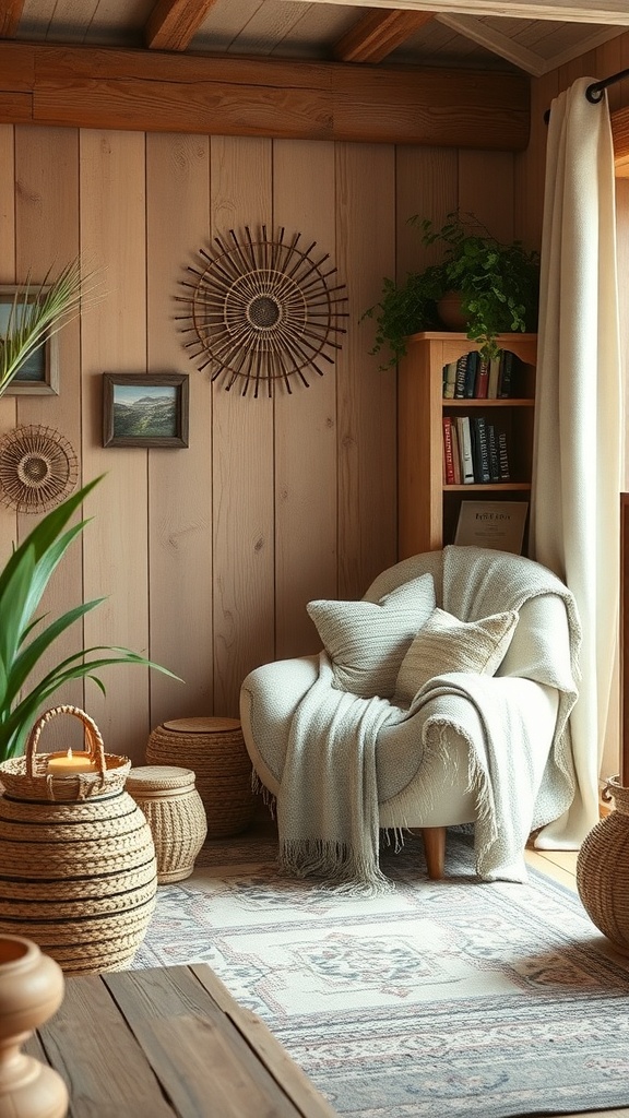 A cozy living room nook with a comfortable chair, soft blankets, and decorative baskets.