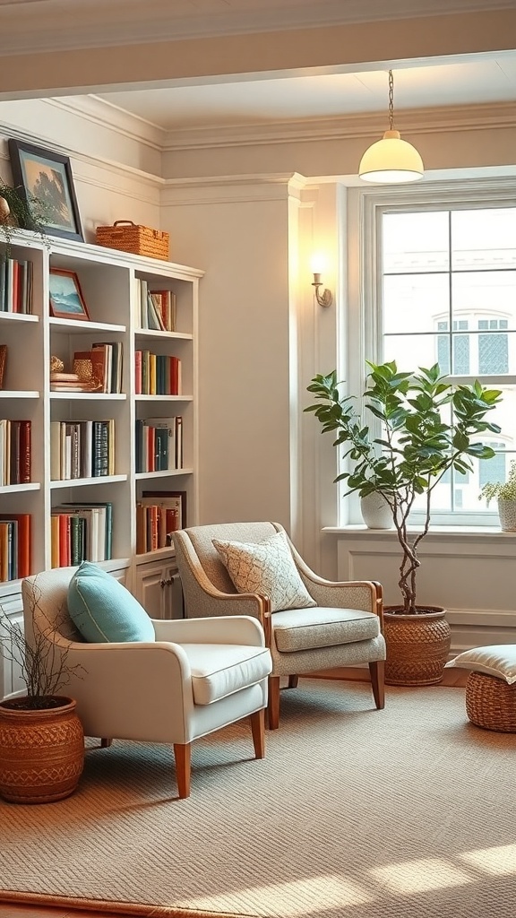 Cozy nook in a living room with two chairs, a bookshelf, and a potted plant.