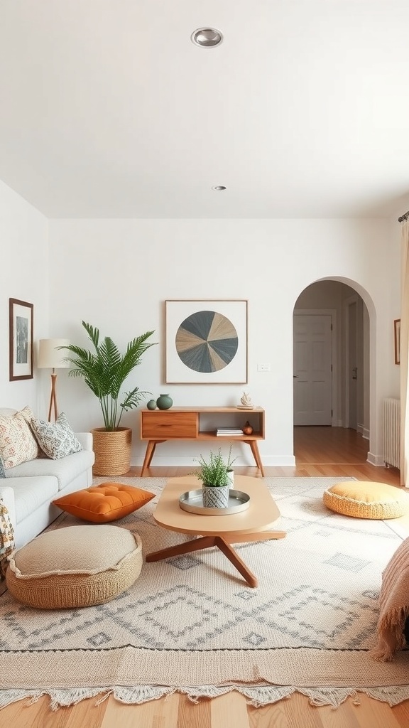 A cozy living room featuring floor cushions in warm colors, a wooden coffee table, and a plant.
