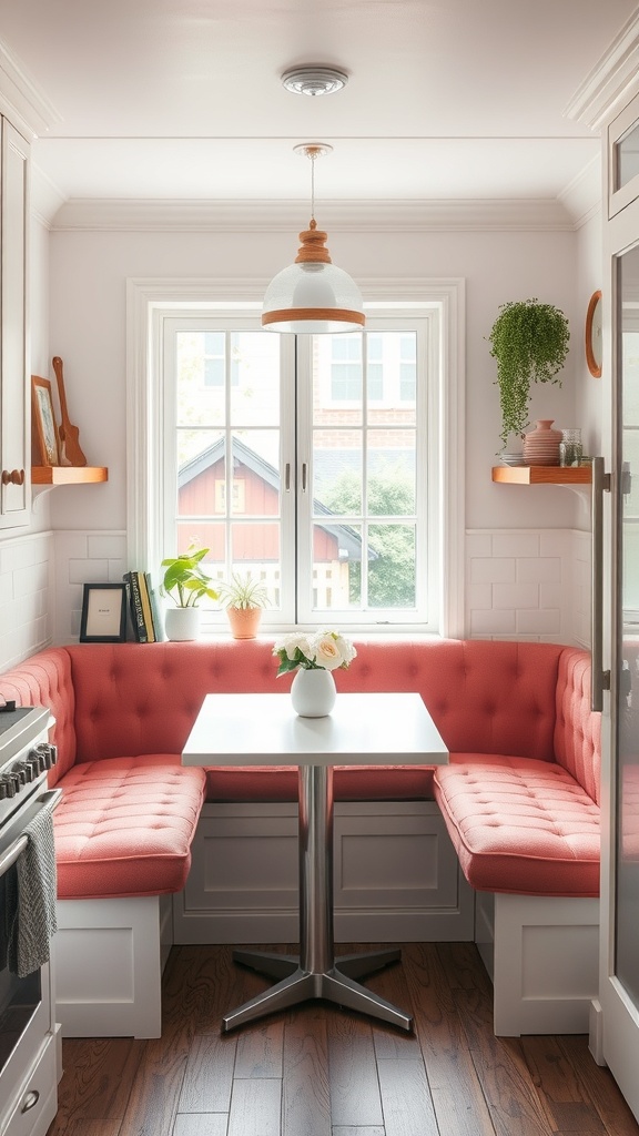 A cozy kitchen nook with pink upholstered seating and a white table.