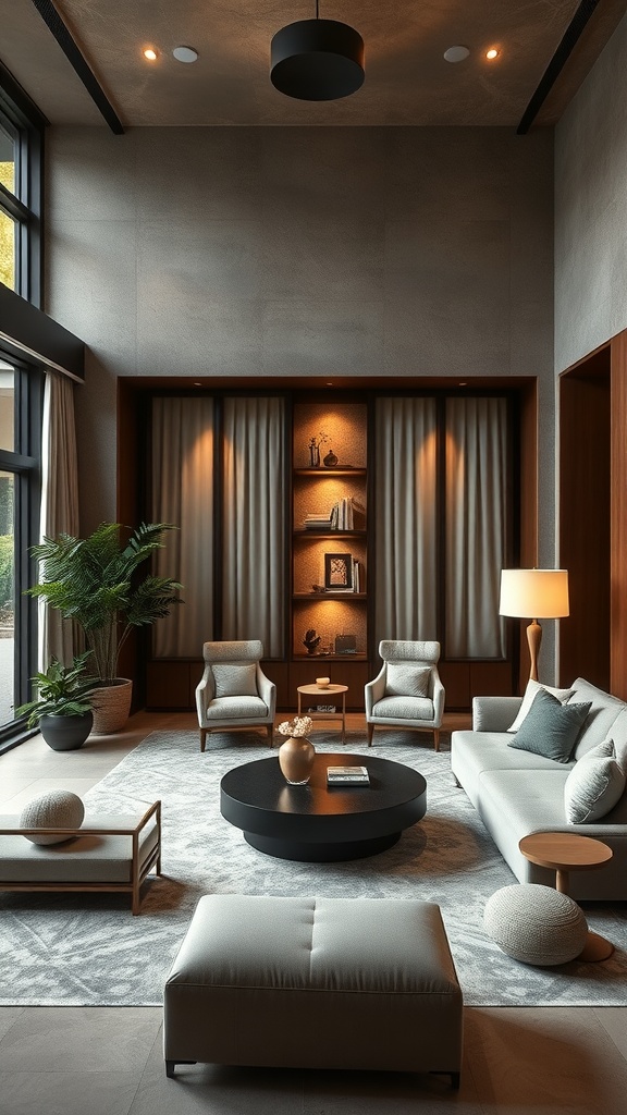 A cozy lounge area with soft lighting, cushions, and privacy screens.