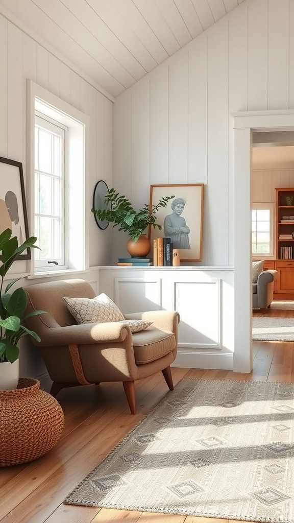 Cozy reading nook with a comfortable chair, a plant, and warm lighting.