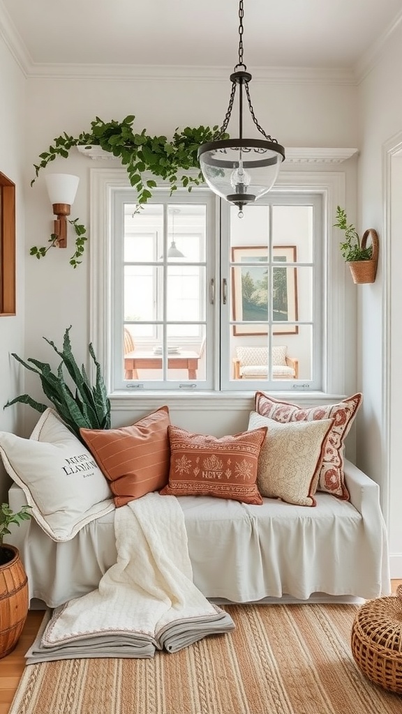 Cozy nook with a white slipcovered sofa, warm pillows, a throw blanket, and a plant by the window
