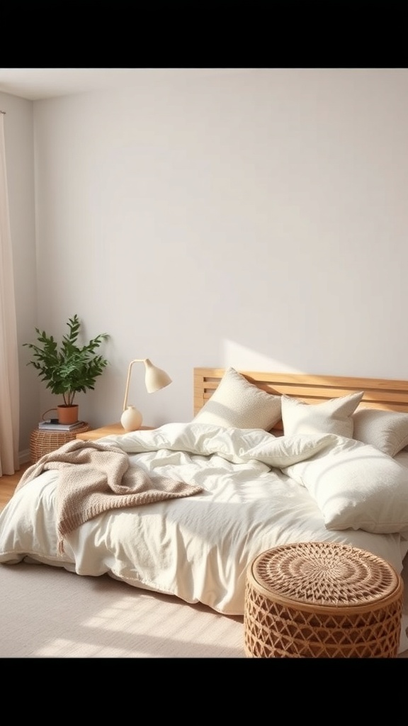 A cozy Nordic bedroom featuring a light color palette, soft bedding, and natural decor.