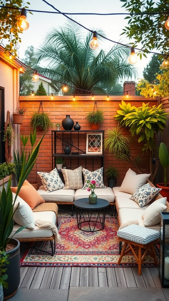 A cozy outdoor nook with comfortable seating, plants, and warm lighting.