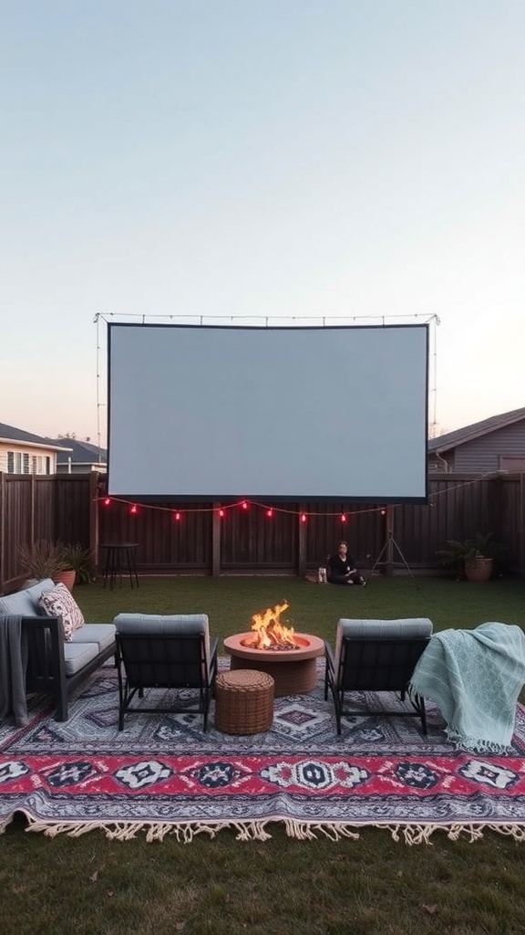 Outdoor cinema setup with cozy rugs, seating, and a fire pit.