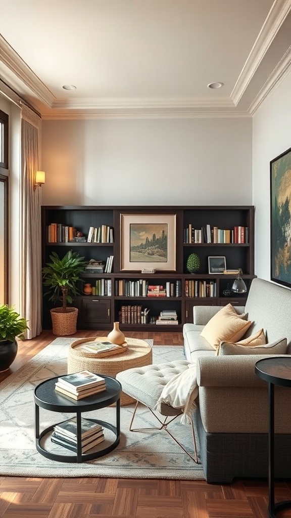 Cozy reading corner with a sofa, bookshelves, and soft lighting