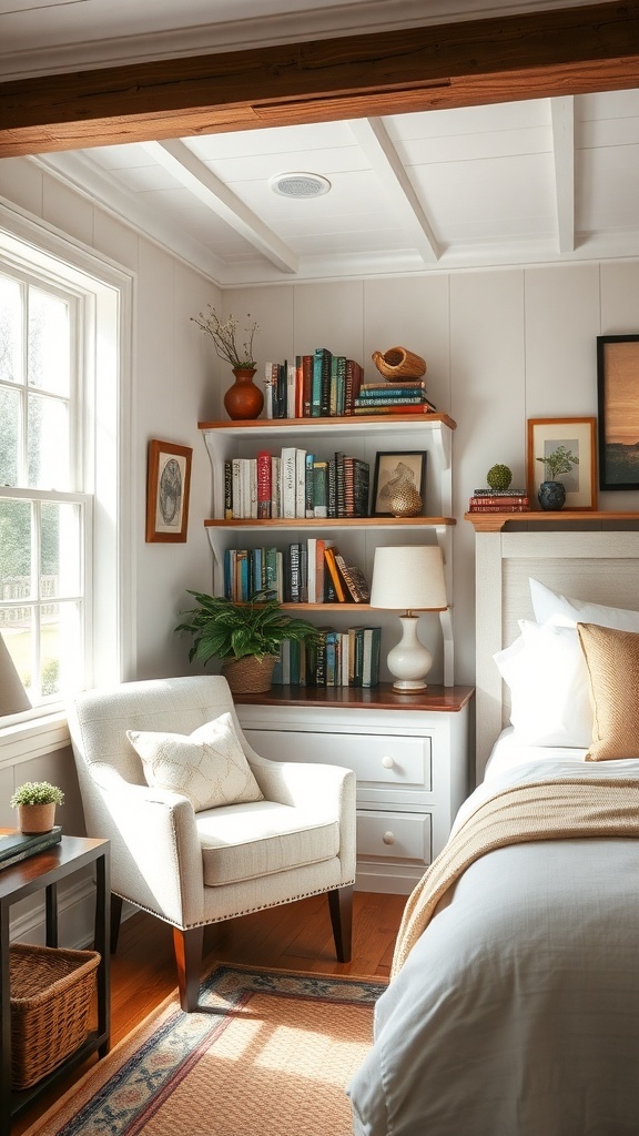 A cozy reading nook in a farmhouse bedroom with two chairs, a side table, and a bookshelf.