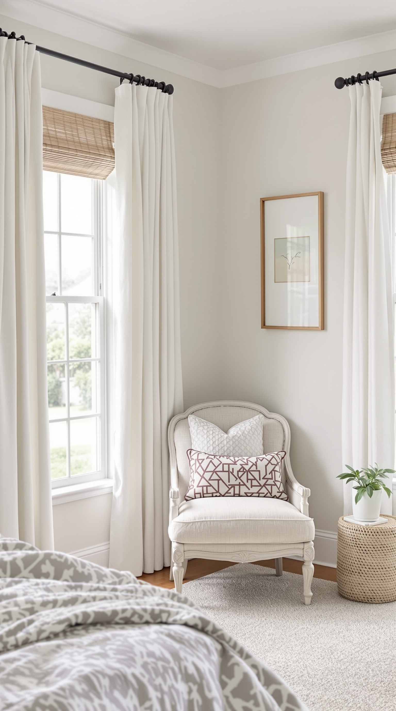 Cozy reading nook in a modern farmhouse bedroom with large windows, white curtains, and a comfortable chair.