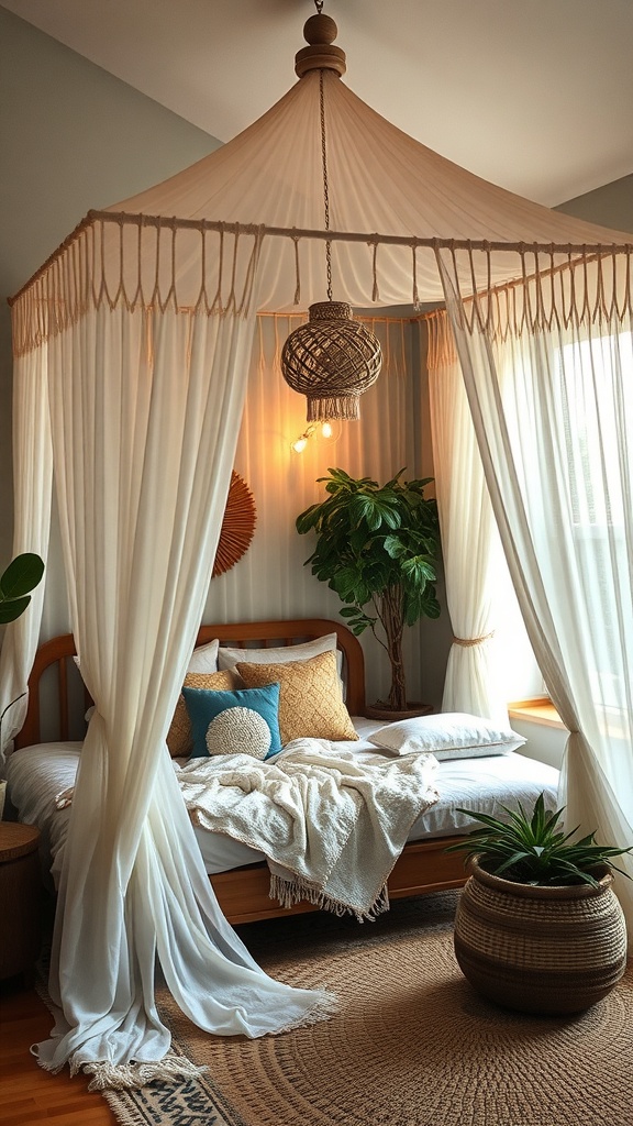 A cozy reading nook with a canopy, featuring soft fabrics, pillows, and plants.