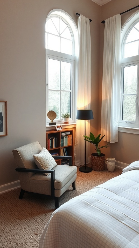 Cozy reading nook with an armchair, bookshelf, and large windows