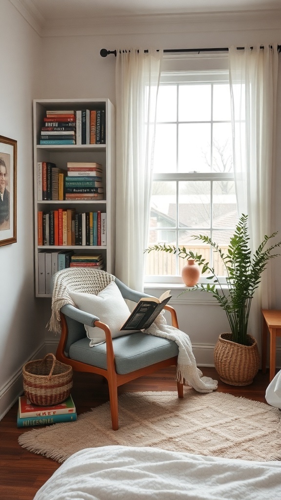 Cozy reading nook featuring a light blue chair, bookshelf filled with books, and natural light from a window.