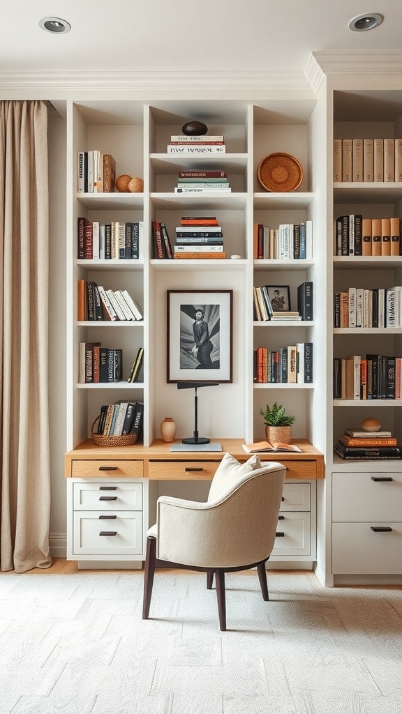 Cozy reading nook with built-in shelves, a desk, and a comfortable chair