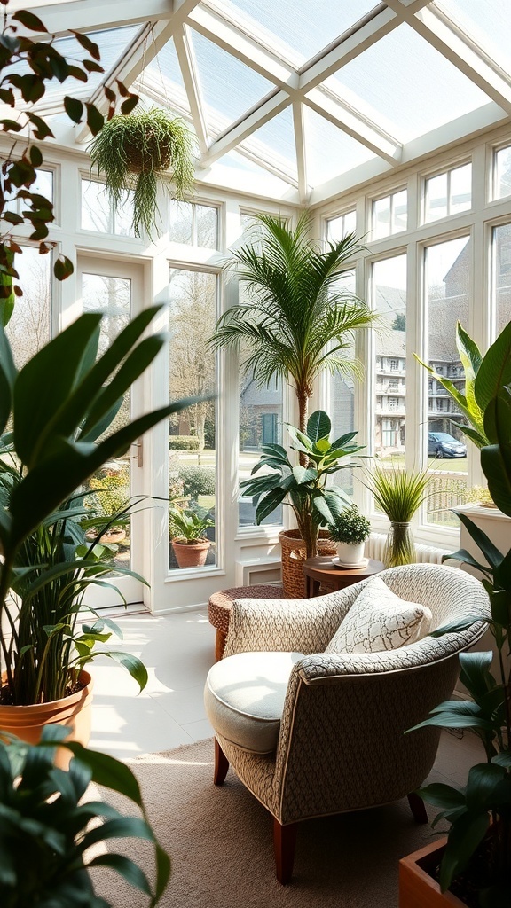 Cozy reading nook with a comfortable chair surrounded by plants in a conservatory.