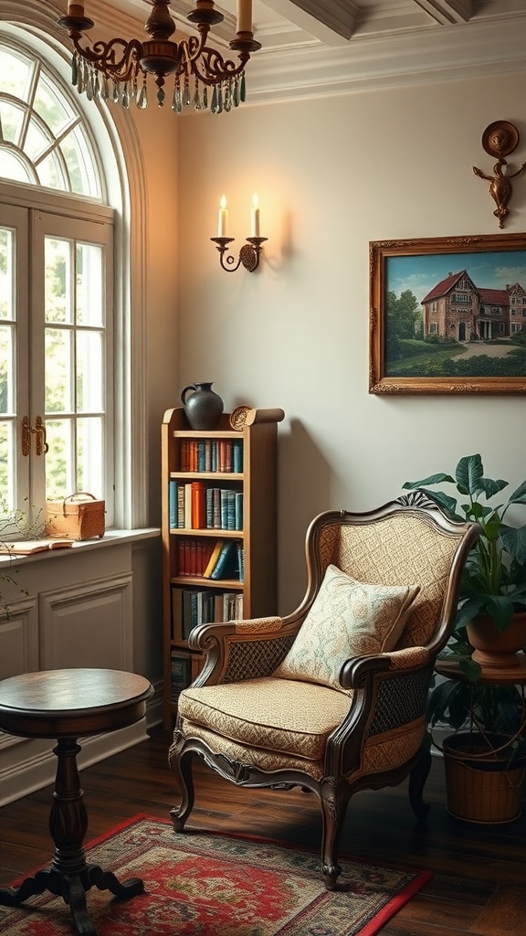 A cozy reading nook featuring a vintage armchair, bookshelves, and warm lighting.