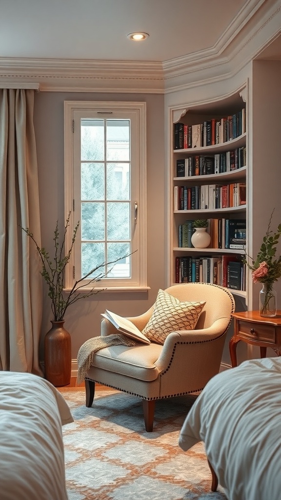 A cozy reading nook with a comfortable chair, bookshelves, and a window.