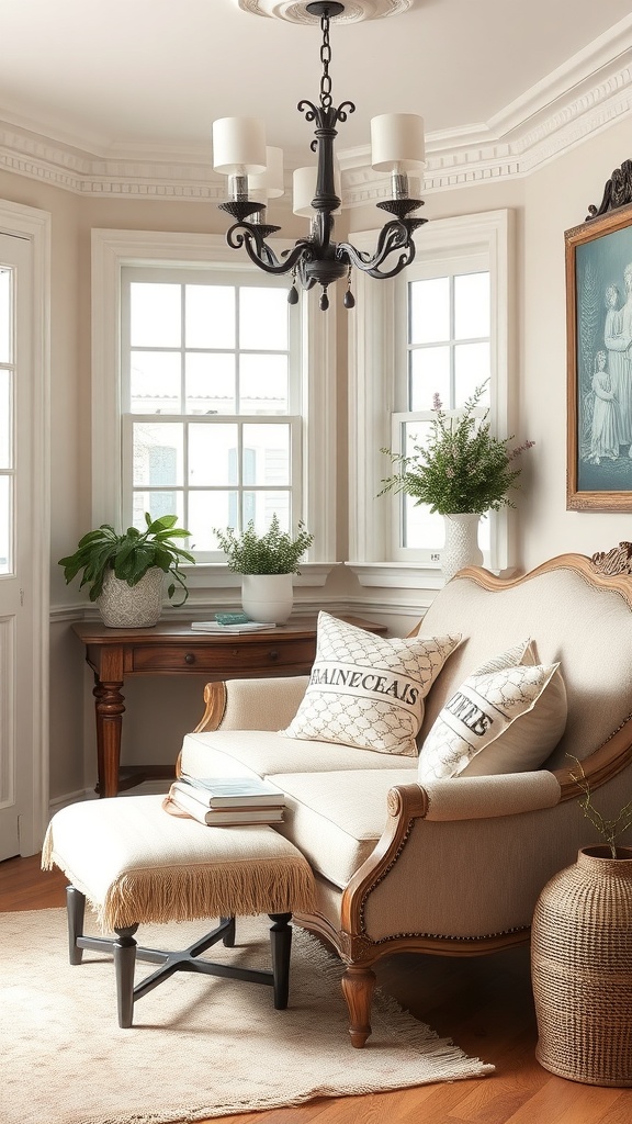 A cozy reading nook with a vintage-style chair, soft pillows, and natural light.