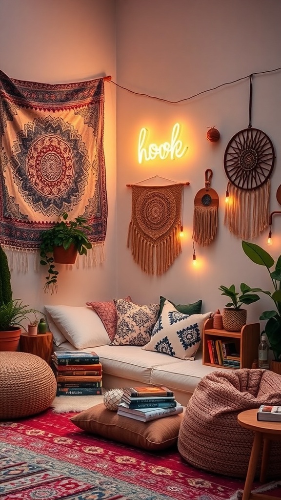 A cozy reading nook featuring a couch with pillows, colorful tapestries on the wall, plants, and a warm neon sign.