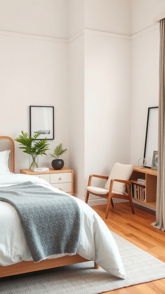 A minimalist bedroom featuring a cozy reading nook with a chair, side table, and plants.