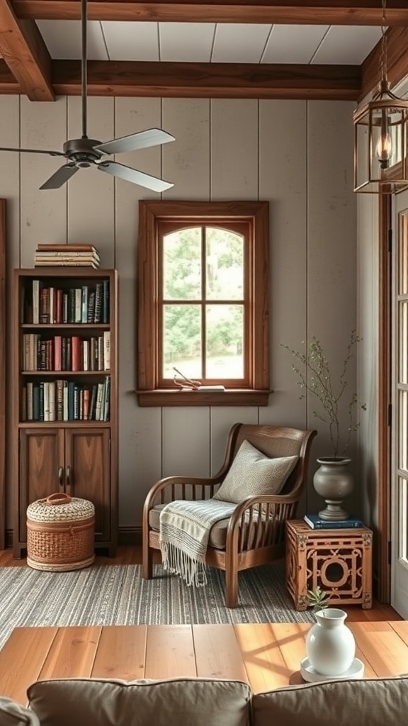 Cozy reading nook with a wooden chair, bookshelf, and natural light