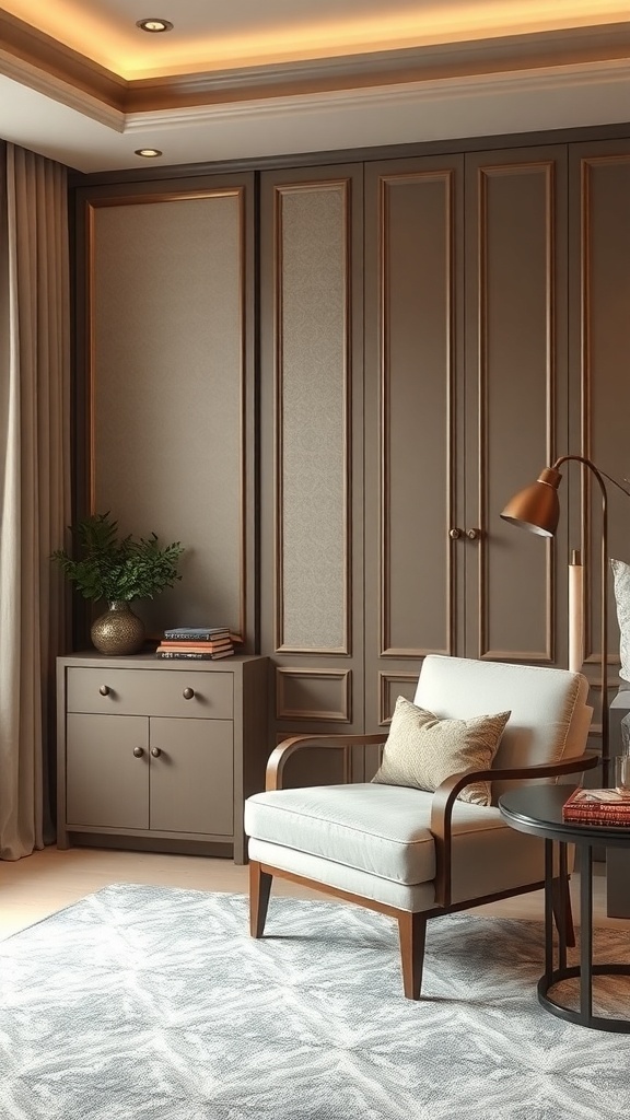 A cozy reading nook featuring a comfortable armchair, side table with books, and a plant.