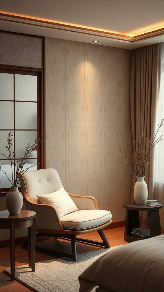 A cozy reading nook featuring a comfortable chair, side table, and natural decor.