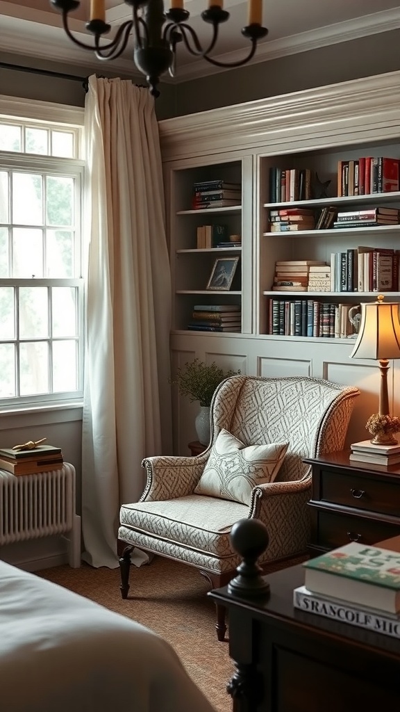 A cozy reading nook featuring a patterned armchair, bookshelves filled with books, and a warm lamp.