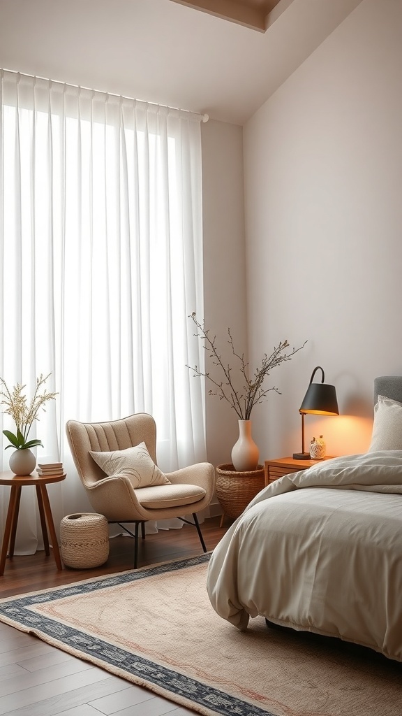 Cozy reading nook in a Japandi style bedroom with a comfortable chair, side table, and natural light.