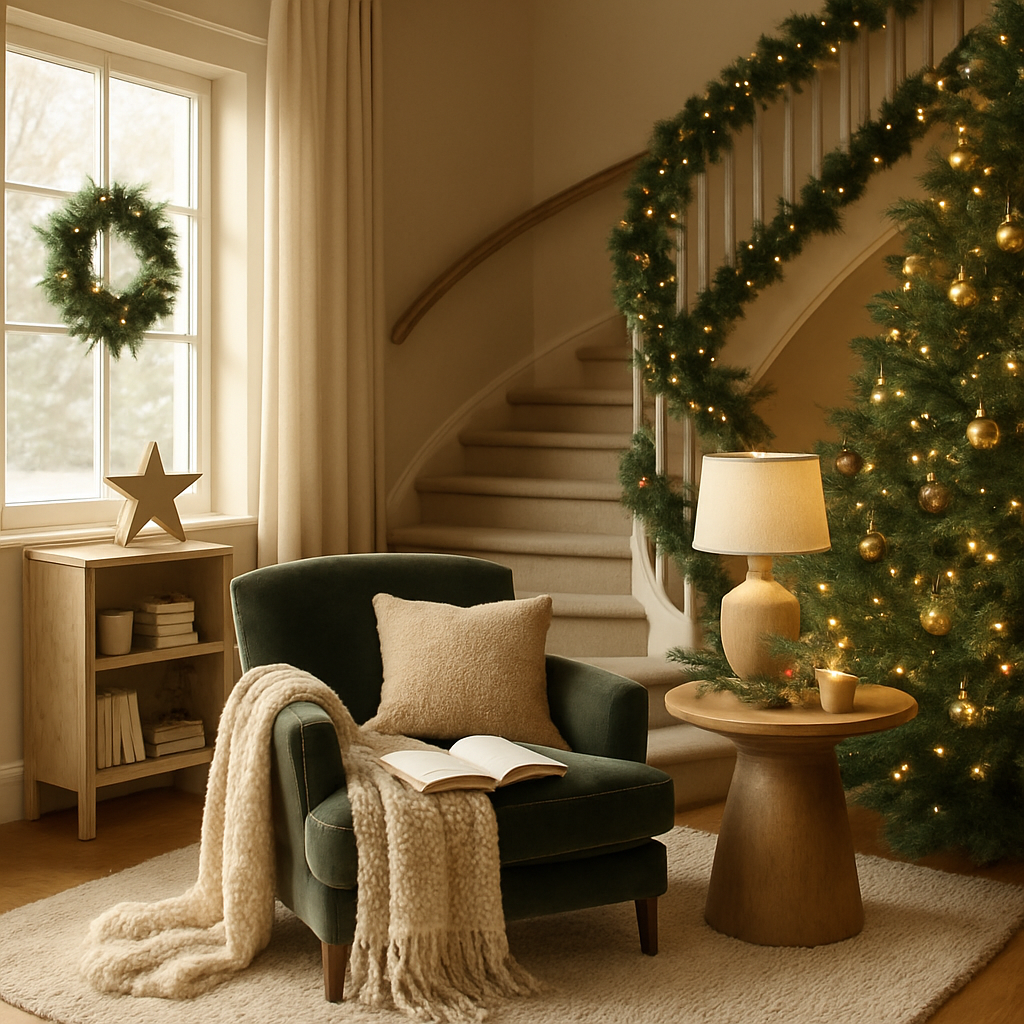 Gemütliche Leseecke mit Sessel, Tisch und Weihnachtsbaum