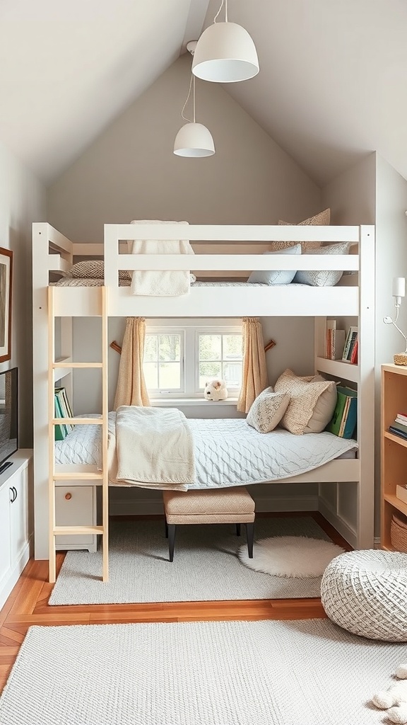 Cozy reading nook under a loft bed with cushions, a small stool, and bookshelves.
