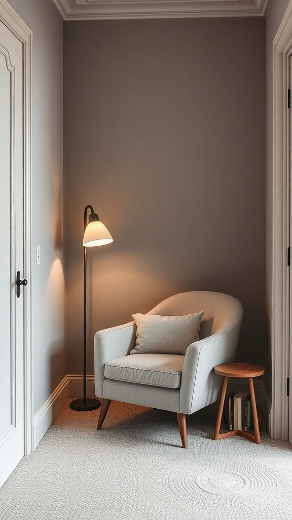 Cozy reading nook with a light armchair, floor lamp, and small side table in a corner