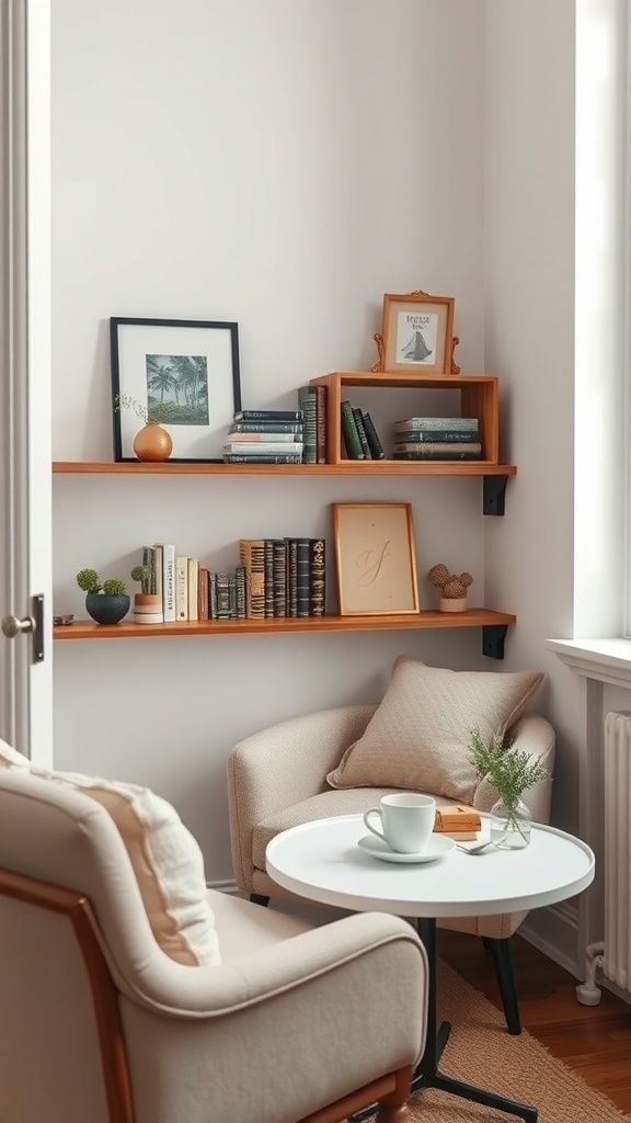 Cozy reading nook with a chair, small table, coffee cup, and books on shelves.