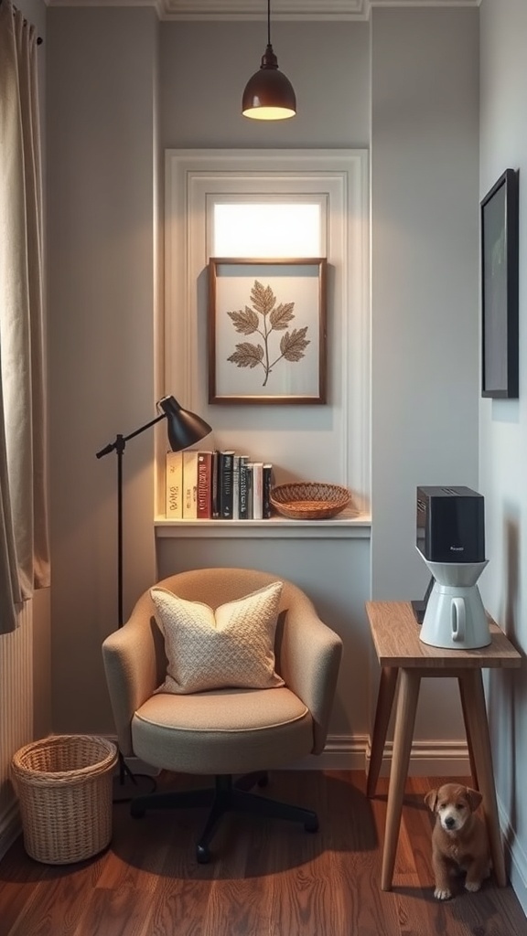 Cozy reading nook featuring a comfortable chair, coffee station, books, and a small dog.