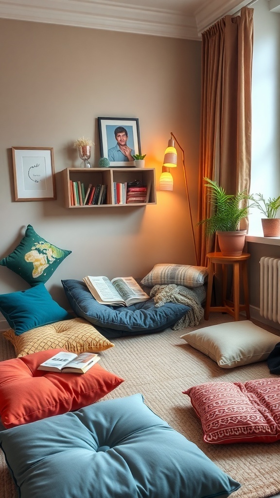 Cozy reading nook with floor cushions and natural light