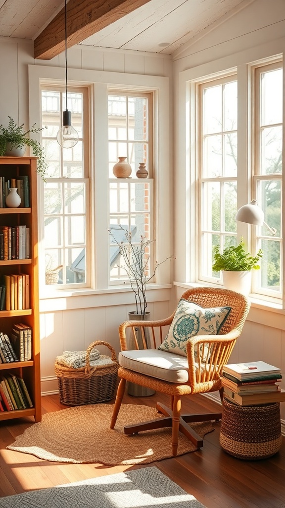 A cozy reading nook with a wicker chair, large windows, a bookshelf, and natural light.