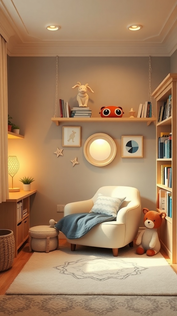 A cozy reading nook featuring a soft chair, books on a shelf, and playful decorations.