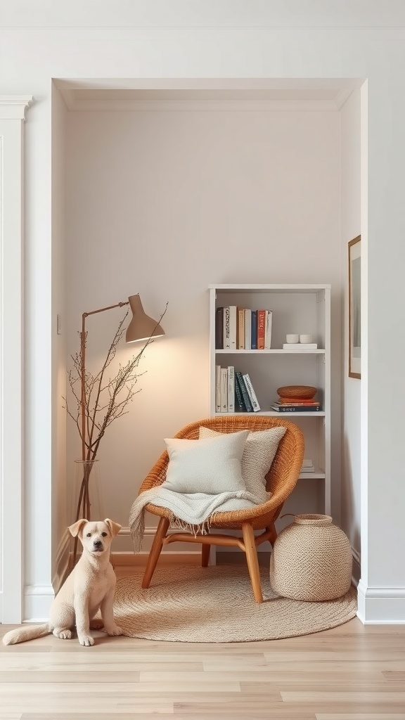 A cozy reading nook featuring a comfortable chair, a small bookshelf, and a playful dog.
