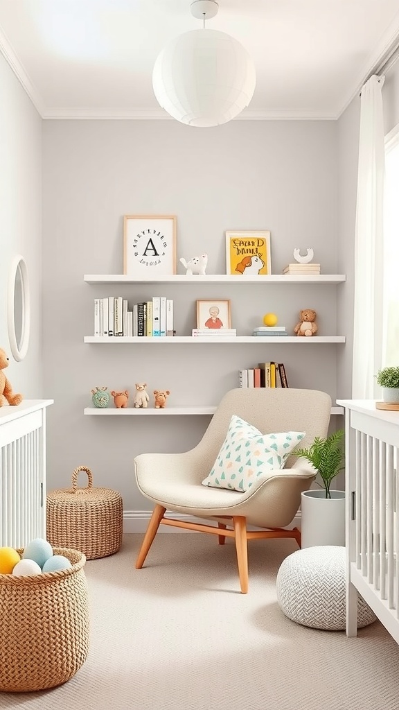 Cozy reading nook in a nursery with a chair, bookshelves, and soft decor.