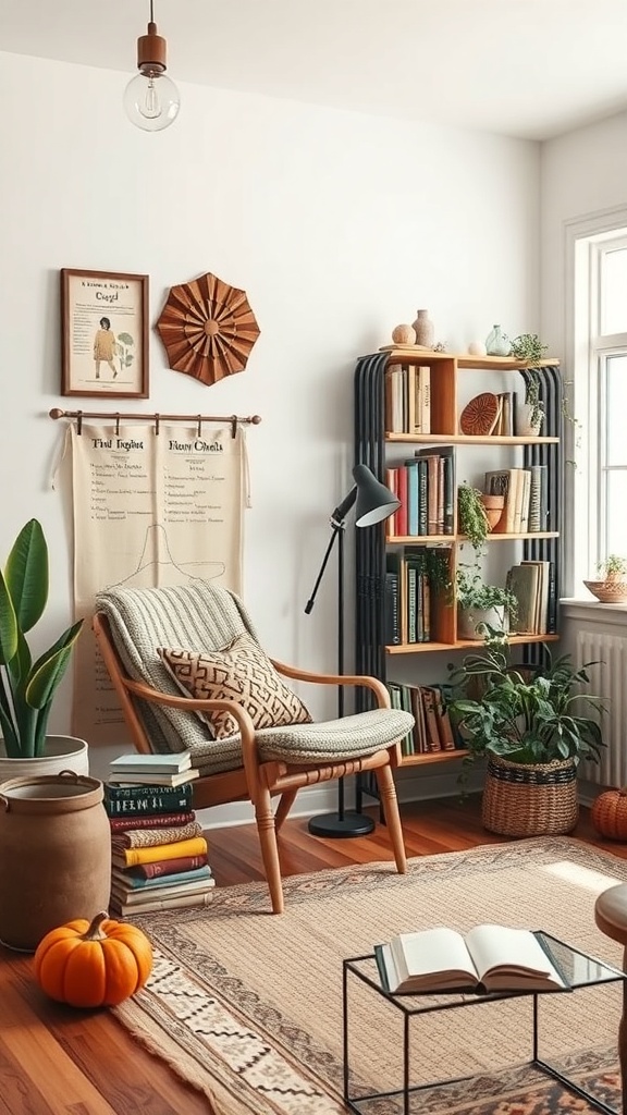 A cozy reading nook featuring a comfortable chair, books, plants, and warm decor.