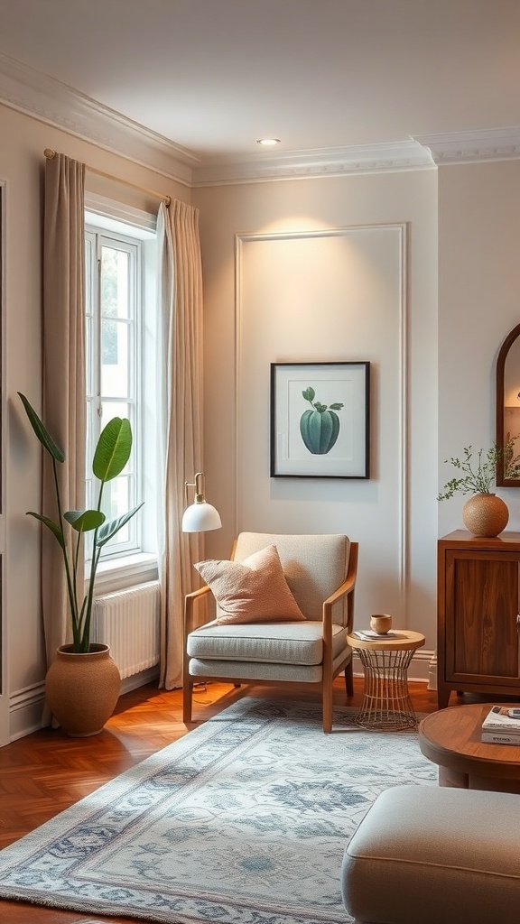 A cozy reading nook featuring a comfortable chair, a side table with a cup, plants, and soft lighting.
