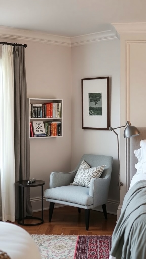 Cozy reading nook with a light blue armchair, side table, and bookshelf in a bedroom