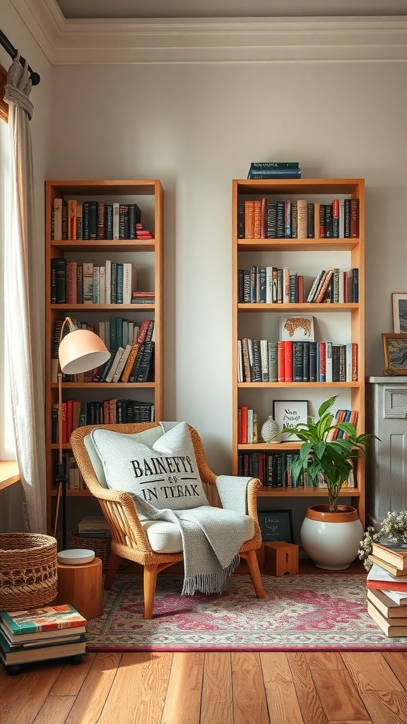 A cozy reading nook featuring bookshelves filled with books, a comfortable armchair with a throw, and a small plant.