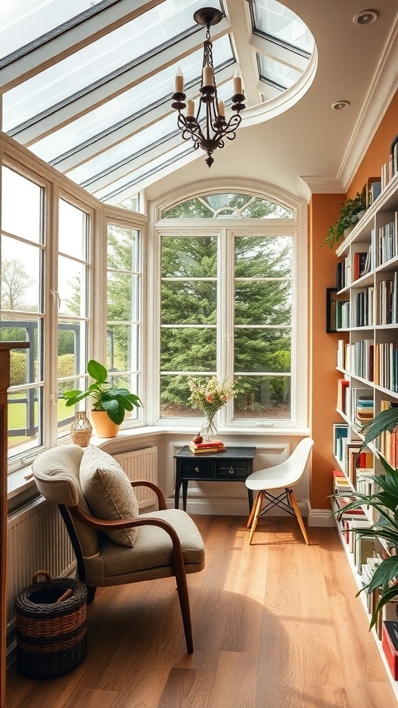 A cozy reading nook in a conservatory with large windows, a comfortable chair, and bookshelves.