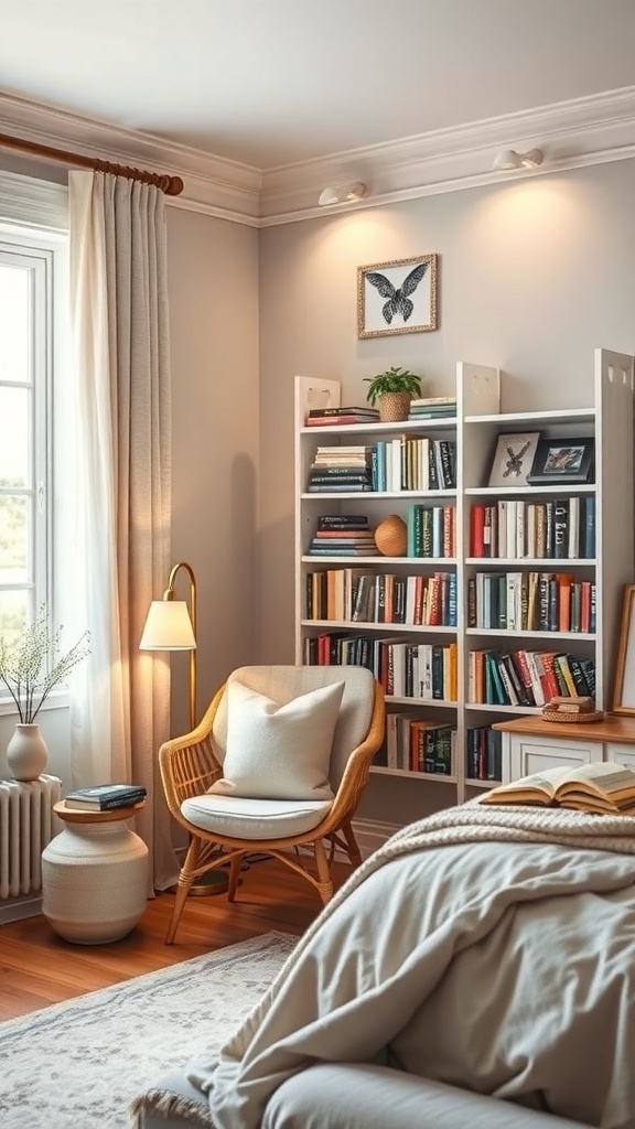 A cozy reading nook in a bedroom featuring a rattan chair, bookshelf, and soft lighting.
