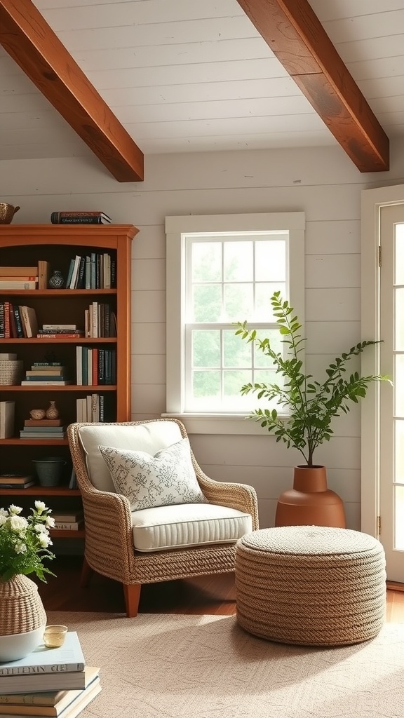 A cozy reading nook with a comfortable chair, a small table, and a bookshelf.