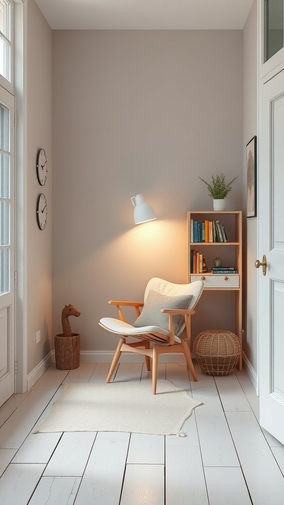 A cozy reading nook featuring a comfortable chair, soft lighting, and bookshelves.