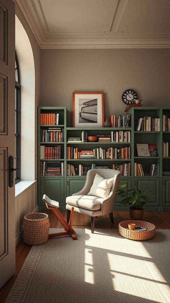 A cozy reading nook featuring a soft armchair, bookshelves filled with books, and warm natural light.